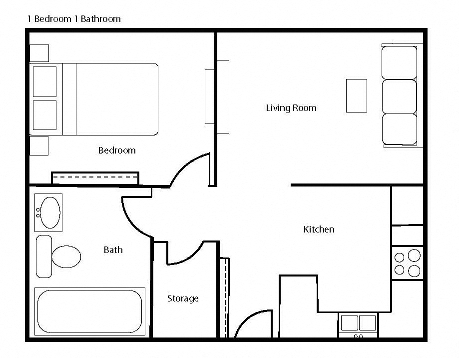 Floor plan for 1 bed, 1 bath, 521 sqft